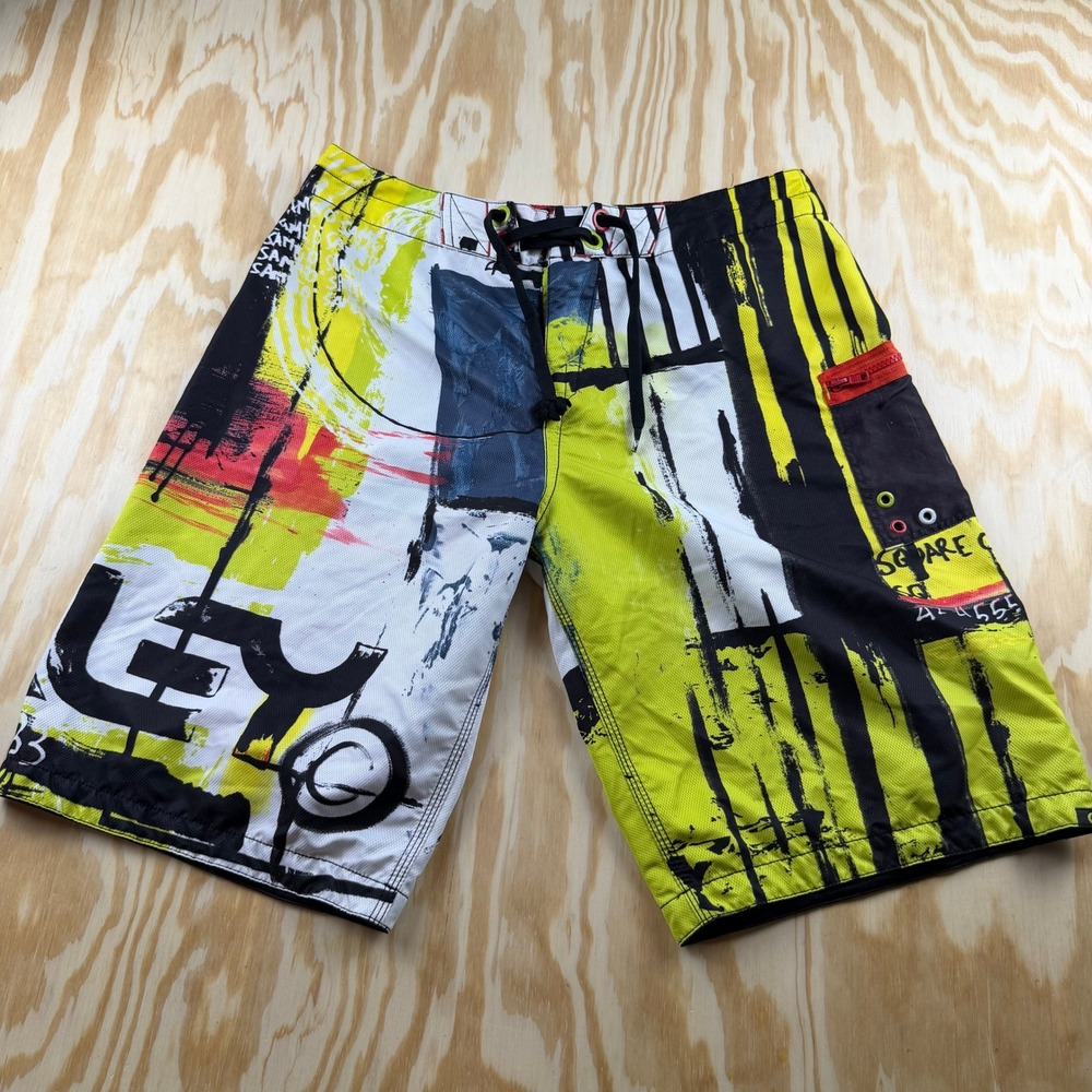 Y2k Oakley Mens Abstract Graphic Board Shorts Yellow Black White Size 34